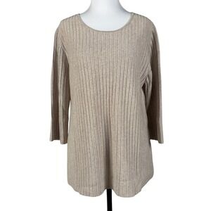 Eileen Fisher 100% Merino Wool Sweater Womens M Beige Rib Knit Round Neck
